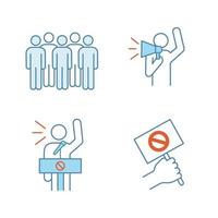 Protest action color icons set. Meeting, protester, protest banner, speech. Isolated vector illustrations