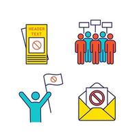 Protest action color icons set. Protester, meeting, protest email, leaflet. Isolated vector illustrations