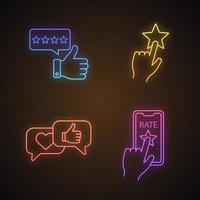 Rating neon light icons set. Feedback, app rating, add to favorite, comments and likes. Glowing signs. Vector isolated illustrations