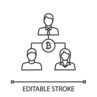 Bitcoin transactions linear icon. Banking. Thin line illustration. Financial operations. Investors. Refund. Financial cooperation. Joint stock company. Vector isolated drawing. Editable stroke