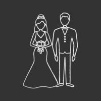 Bride and bridegroom chalk icon. Wedding ceremony. Newlywed. Just married couple. Fiance, fiancee. Wedding agency. Isolated vector chalkboard illustration