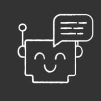 Chatbot message chalk icon. Talkbot. Modern robot. Square head laughing chat bot. Virtual assistant. Conversational agent. Isolated vector chalkboard illustration