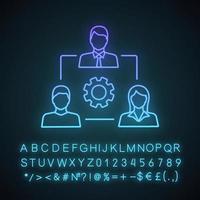 Teamwork neon light icon. Leadership. Staff management. Group of people with cogwheels. Glowing sign with alphabet, numbers and symbols. Vector isolated illustration