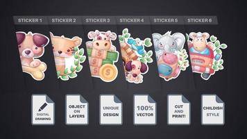 Set sticker - dog, puppy, tiger, car, sheep, lamb, cow, money, coin, bird, elephant, school vector