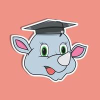 Animal Face Sticker With Rhinoceros Wearing Graduate Hat. Character Design. vector