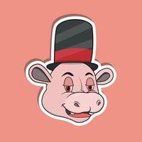 Pegatina de cara de animal con hipopótamo con sombrero de circo. diseño de personaje. vector