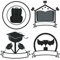 Cuatro logotipos, bolso, libro, sombrero de graduación, trofeo y fondo de color blanco. vector