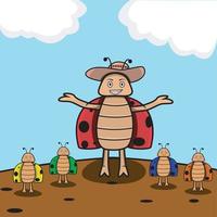 Vector Of Mascot beetle and Kids Beetle and Field Background.