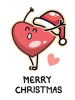 Merry christmas card design with Cute happy red heart wearing santa hat cartoon vector illustration