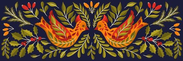 Ornate Christmas 2022 bird animal.Branch leaves elegante xmas design. vector