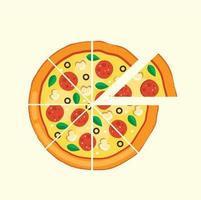 pizza con salami, aceitunas y champiñones. ilustración vectorial