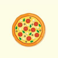 Pizza with salami, olives and mushrooms. vector illustration