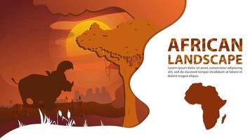 African landscape in the style of cut paper for design A hippo with an open mouth stands next to a tree against the background of sunset vector