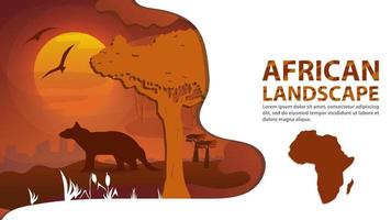 African landscape in the style of cut paper for the design of the animal Mongoose stands next to a tree on the background of sunset vector