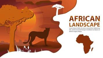 African landscape in the style of cut paper for design design A cheetah cat stands next to a tree against a sunset background vector