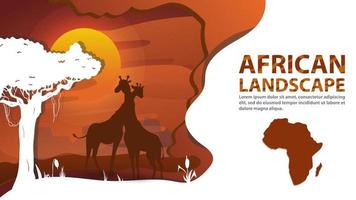 African landscape in the style of cut paper for design design Two giraffes next to a tree on the background of sunset vector