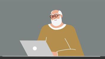 Senior man studies and teaches modern technologies using a laptop. A positively smiling grandfather sits at a computer, communicates on the Internet and learns new things. The adult works. Vector. vector