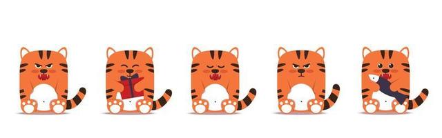 Set of cute little tigers cats in a flat style. Animal symbol for Chinese New Year 2022. Angry sullen orange tiger sits with a gift box fish. For a banner, childrens decor. Vector illustration.