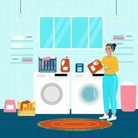 Happy woman laundry. Vector illustration in flat cartoon style