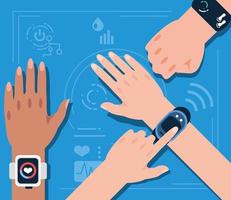 hands using wearable health devices vector