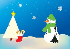 Beautiful countryside winter background with a Snowman and Presents. Vector illustration.