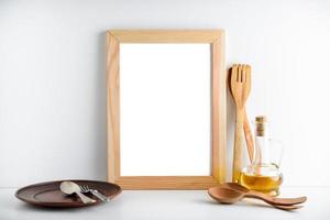 mock up frame photo utensil and olive oil in kitchen room