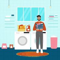 Happy Man laundry. Man to wash. Vector illustration in flat cartoon style