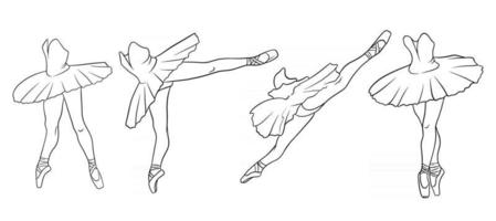 Ballet set. Ballerina in pointe shoes and a tutu. Dancer's legs. Line art. vector