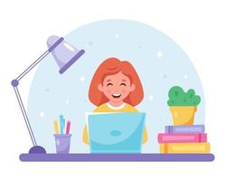 Red haired girl studying with computer. Online learning, back to school vector