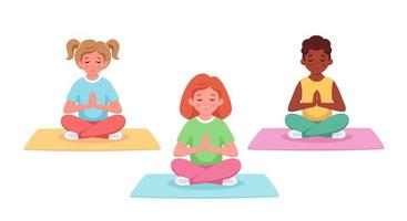 niños de diferentes nacionalidades meditando en posición de loto. yoga y meditación para niños vector