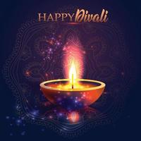 Happy Diwali festival of lights. Retro oil lamp on background night sky. Calligraphy hand lettering text. Vector illustration.