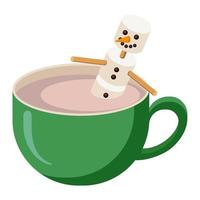 Mug of Cocoa with Marshmallow Snowman. Flat Style. Seasonal Winter Drink. Christmas Cup of Hot Chocolate icon for logo,  sticker, print, recipe, menu, cafe decor and decoration vector