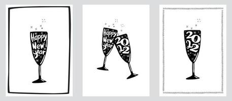 Lettering Happy new year 2022 poster or postcard. Two champagne Glass cheers. handdrawn vector