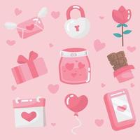 vector de objetos lindos y colección de elementos para la tarjeta del día de San Valentín con amor y fondo rosa