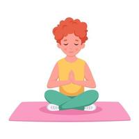 niño meditando en posición de loto. yoga y meditación para niños vector