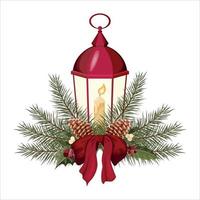 Christmas lantern with a candle. The lamp is decorated with fir branches, cones, mistletoe, holly and a large red bow. Vector.