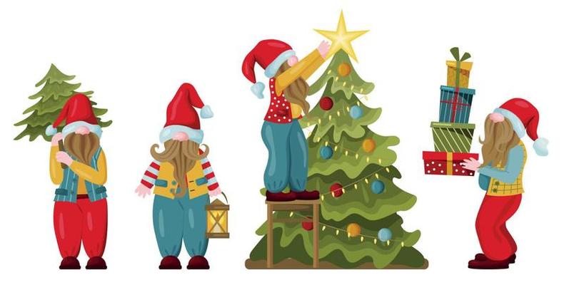 A colorful set of little gnomes. Fairy-tale characters perform various actions related to Christmas and New Year. Vector.