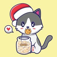 Vector graphic illustration of cat character eating cookies at christmas