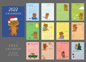 Calendario de pared 2022 con lindos tigres vector