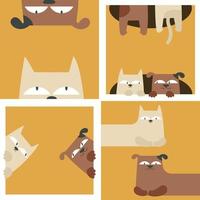Collection of illustrations with funny dog and cat. vector