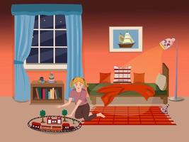 Baby girl plays in the nursery in the evening. The interior of the nursery with toys and railway. Child. Childhood. Vector illustration in cartoon style