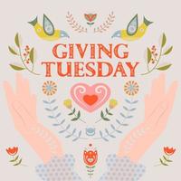 Giving Tuesday. Illustration in folk style, with the inscription Giving Tuesday, hearts, birds, hands and floral motives. vector