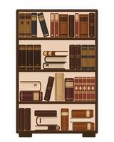 Wooden bookcase with old brown books. Library, education or bookstore concept. Vector illustration.