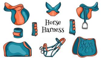 Horse harness a set of equestrian equipment saddle bridle blanket protective boots in cartoon style vector