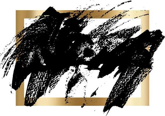 Splatter Paint Texture in a gold frame vector background . Distress Grunge background . Scratch, Grain, Noise rectangle stamp . Black Spray Blot of Ink. Place illustration Over any Object to Create