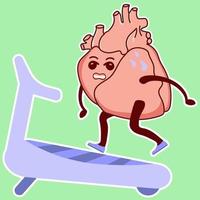 emoticon de corazón fisiológico. lindo personaje de cardiología corre en una caminadora vector