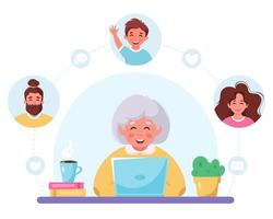Happy granny having video call with children. Grandmother communicating online vector