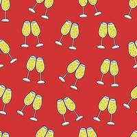 Seamless pattern of glasses of champagne on red background. Christmas, New Year and celebrating concept. vector