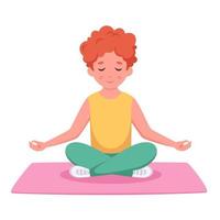 Boy meditating in lotus pose. Yoga and meditation for kids vector