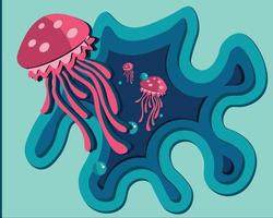 Ilustración de arte corte de papel de fondo de tonos azules con medusas rosadas vector